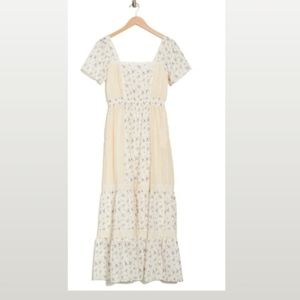 MELLODAY SQUARE NECK SHORT SLEEVE FLORAL PRINT LACE TRIM TIERED MAXI DRESS XS